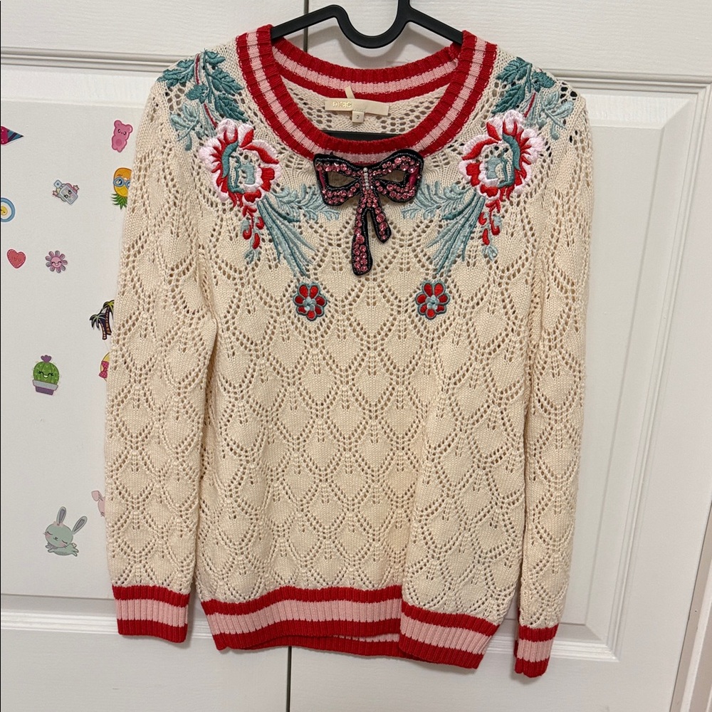 Maje Cream Eyelet Knit Sweater with Red Trim & Floral Embroidery